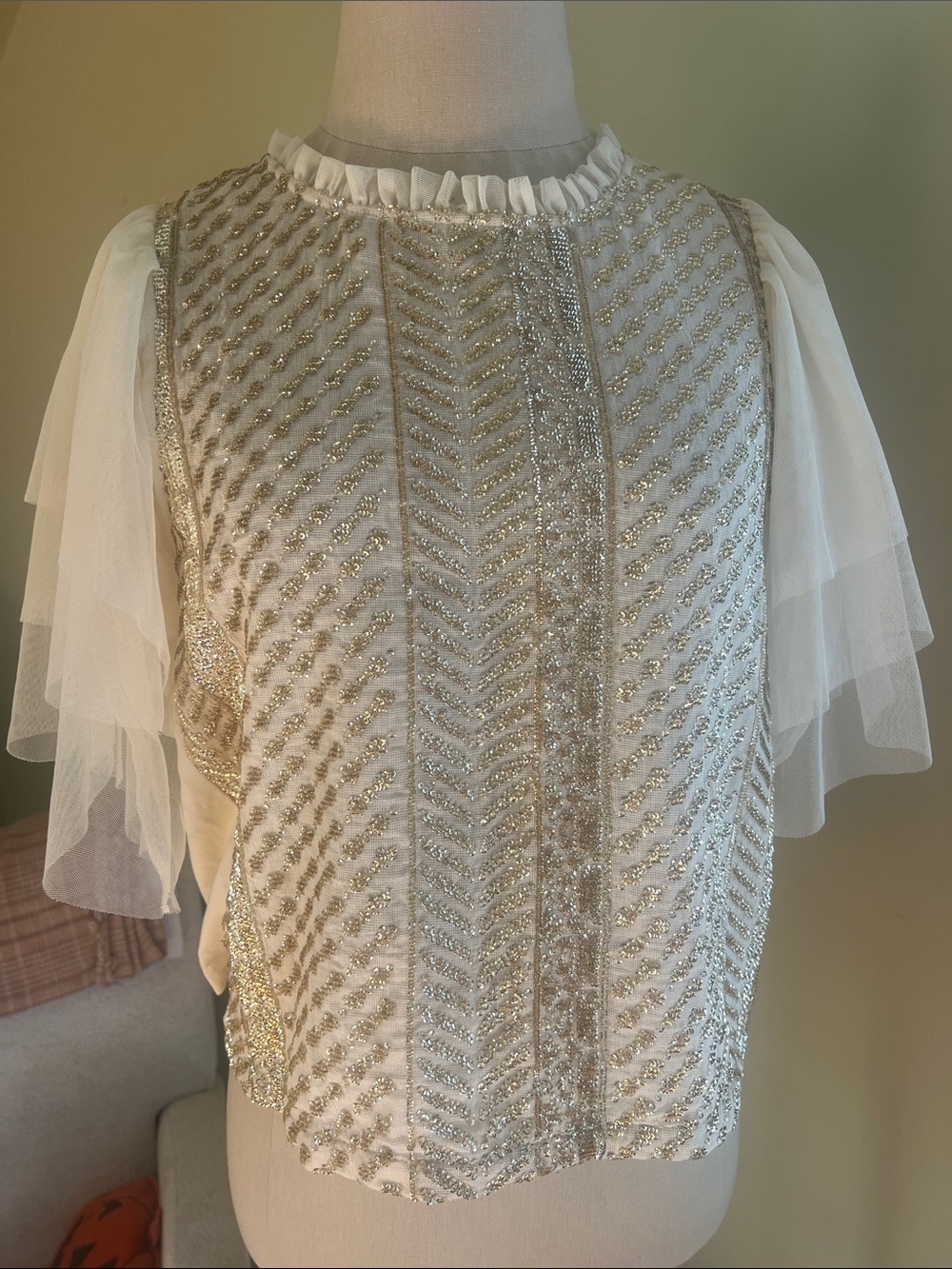 Beaded White & Gold Sequin Holiday Tiered Sheer Sleeve Blouse Tulle T-shirt